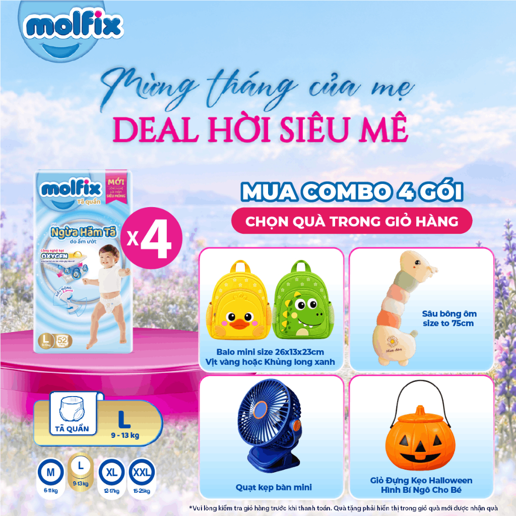 [Chọn QUÀ trong giỏ] Combo 4 Tã/bỉm quần Molfix Oxy Super Jumbo giúp Ngừa Hăm Tã đủ size M,L,XL,XXL
