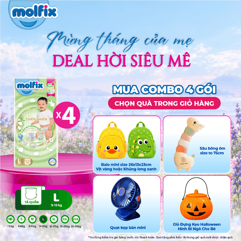 [Chọn QUÀ trong giỏ hàng] Combo 4 Tã/bỉm quần Molfix Thiên nhiên Super Jumbo đủ size M56/L52/XL46/XXL42