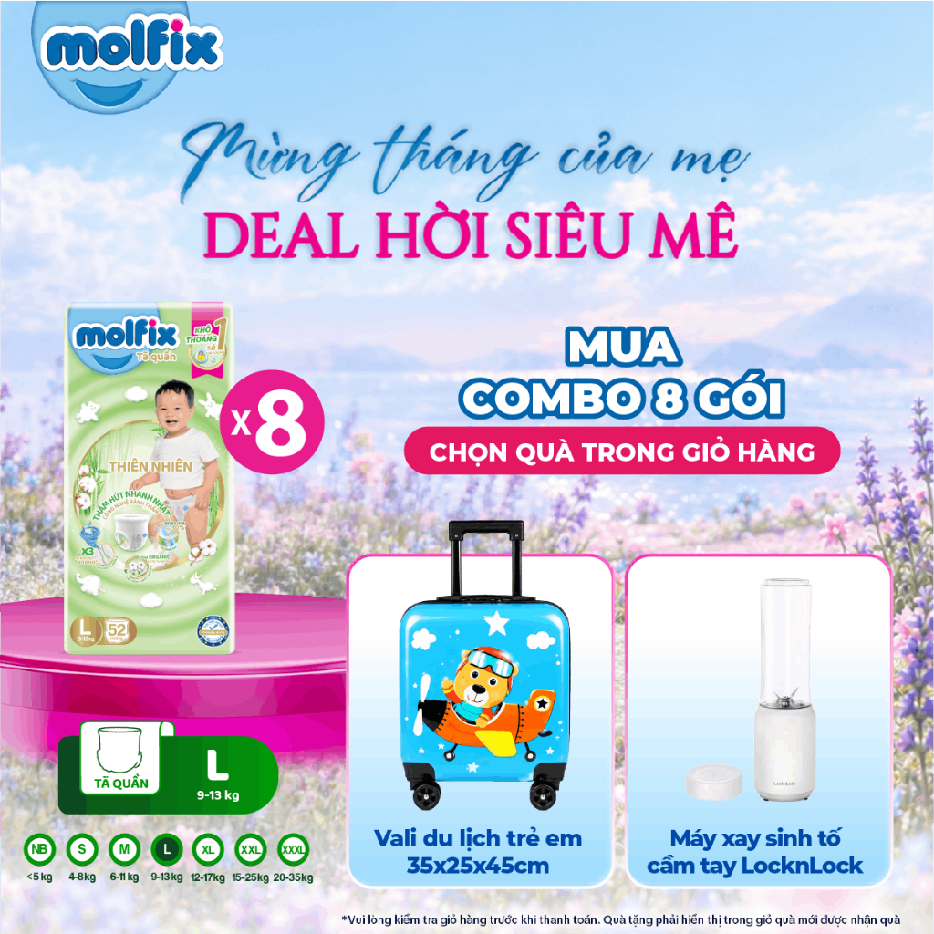 Combo 8 Tã/bỉm quần Molfix Thiên Nhiên Super Jumbo (CÓ MIX SIZE) bông cotton organic