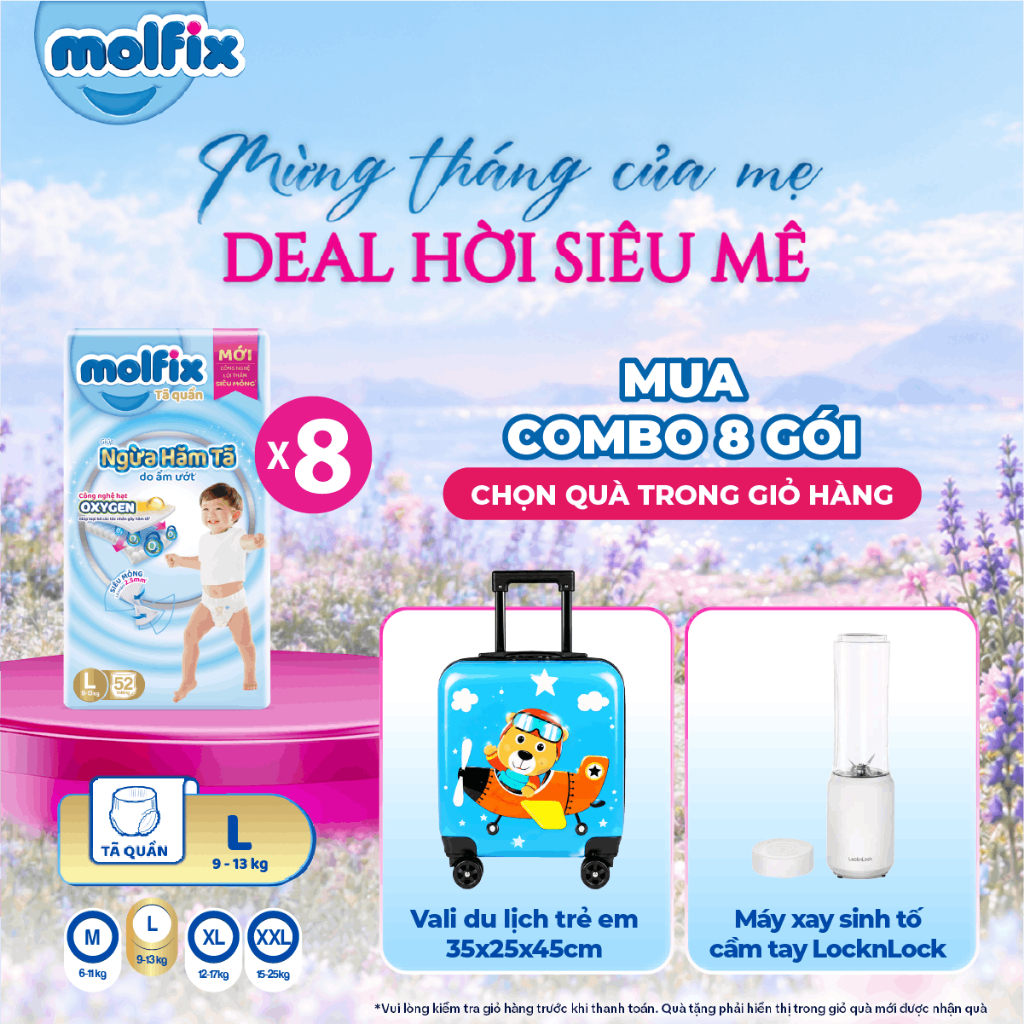 Combo 8 Tã/bỉm quần Oxy Super Jumbo Molfix (CÓ MIX SIZE) giúp Ngừa Hăm Tã đủ các size