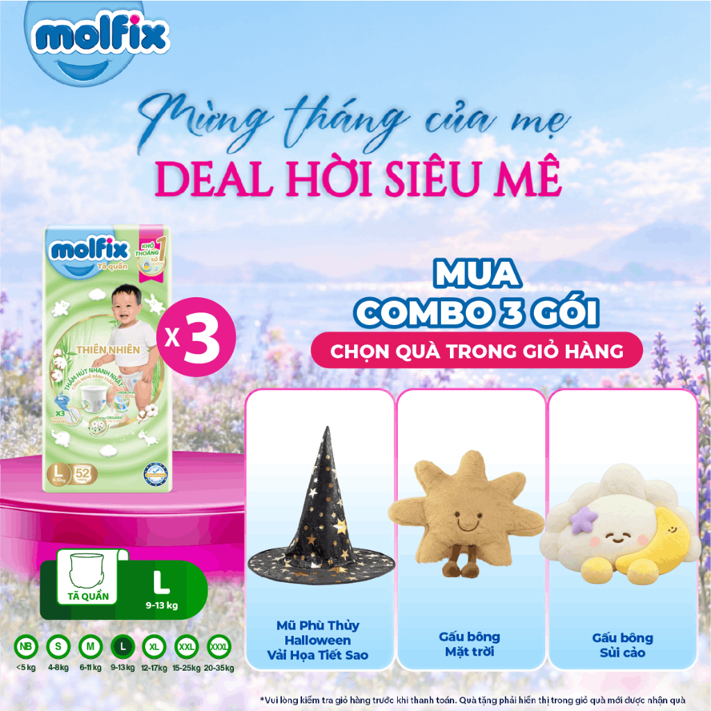 [Chọn QUÀ trong giỏ hàng] Combo 3 Tã/bỉm quần Molfix Thiên nhiên Super Jumbo sợi bông cotton đủ size cho Bé