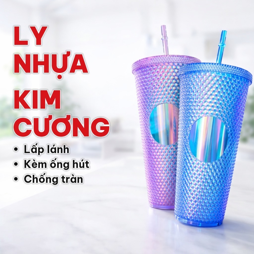 Ly Nhựa 700ml Trụ Kim Cương Lấp Lánh, Cốc Nhựa Kèm Ống Hút Và Nắp Chống Tràn, Dùng Đựng Nước Mang Theo