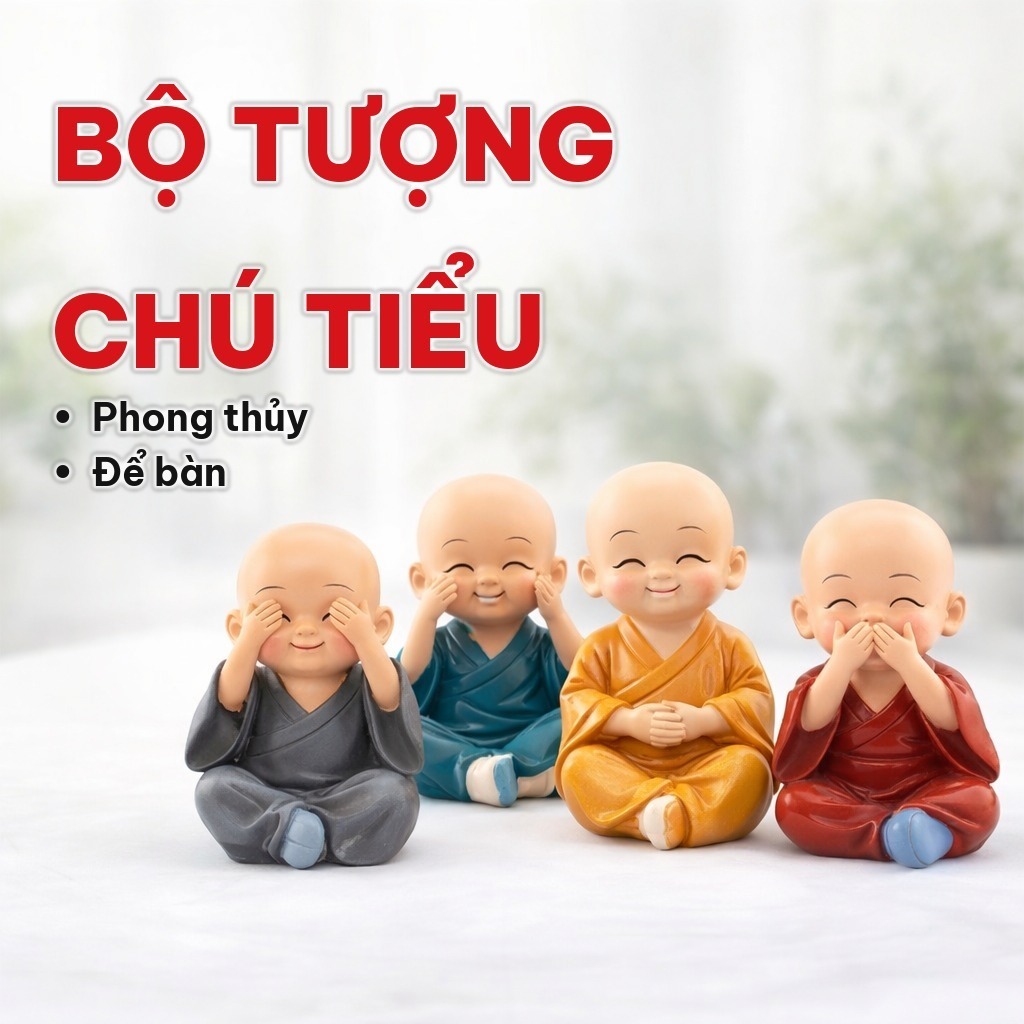 BỘ 4 Tượng Chú Tiểu Tứ Không, Bộ Tượng Hòa Thượng Mini Bằng Nhựa - Phong Thủy Trang Trí Xe Hơi, Để Bàn