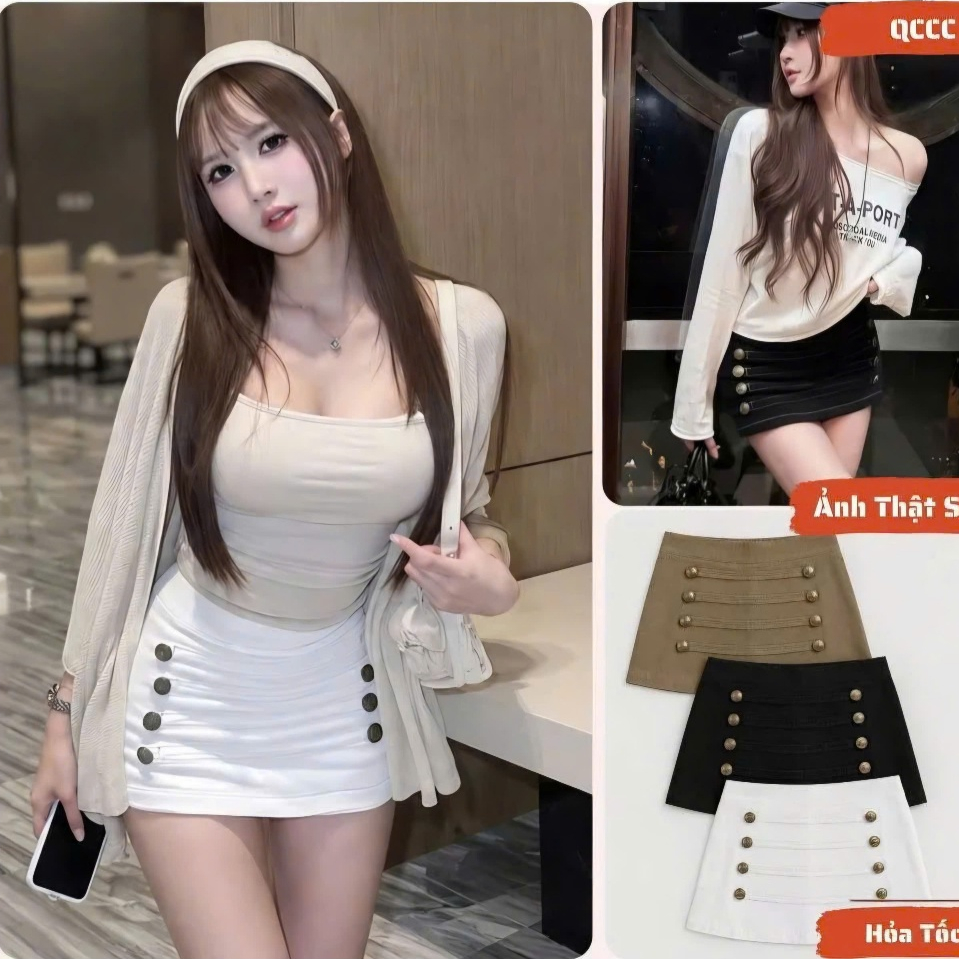 Chân váy ngắn, chân váy chữ A, cạp cao tôn dáng, đính cúc, chân váy ôm body phong cách Y2K sang chảnh cá tính HQ84