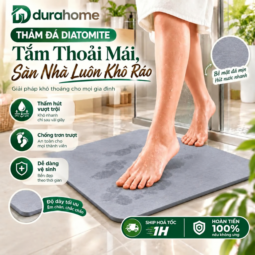 Thảm Lau Chân Cao Cấp Diatomite DURAHOME 45x35cm - Tham Đá Lau Chân Siêu Thấm Nước, Kháng Khuẩn, Chống Trơn Trượt
