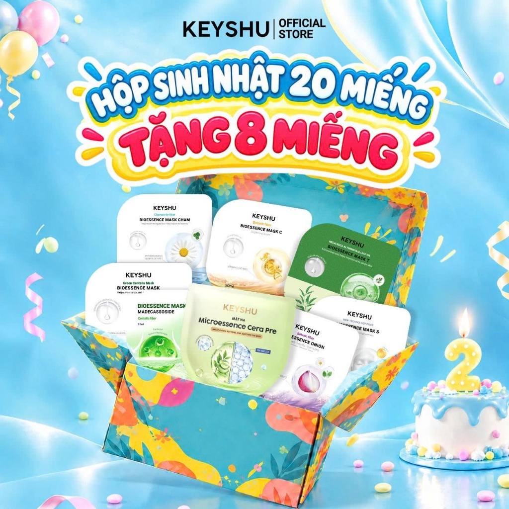 [HỘP 20 MIẾNG UP SIZE 28 MIẾNG] Hộp 28 Miếng Mặt Nạ Sinh Nhật KEYSHU Mix 8 Loại Mặt Nạ Giúp Dưỡng Ẩm
