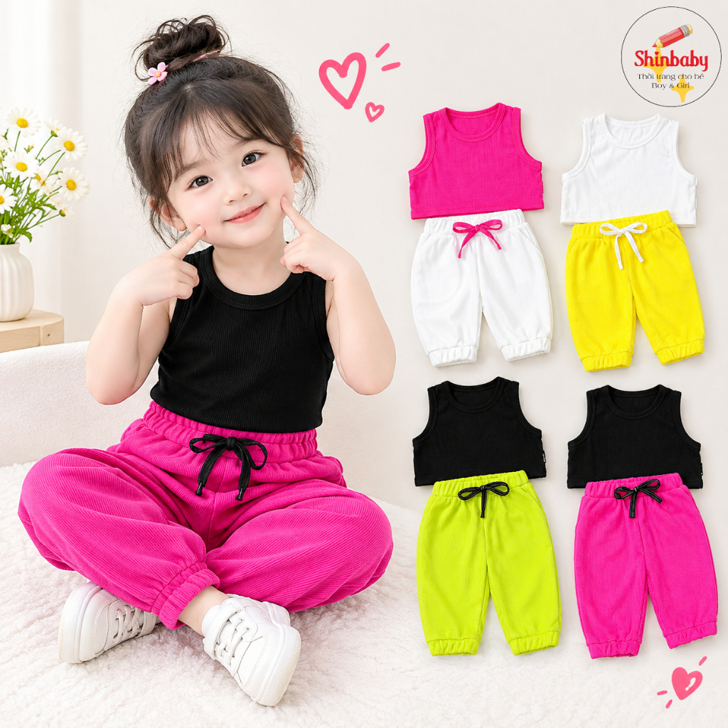 Bộ Áo Croptop Sát Nách+Quần Bom Dài Cho Bé Gái Thun Tăm Co Giãn, Mềm Mát, Năng Động, Dễ Thương
