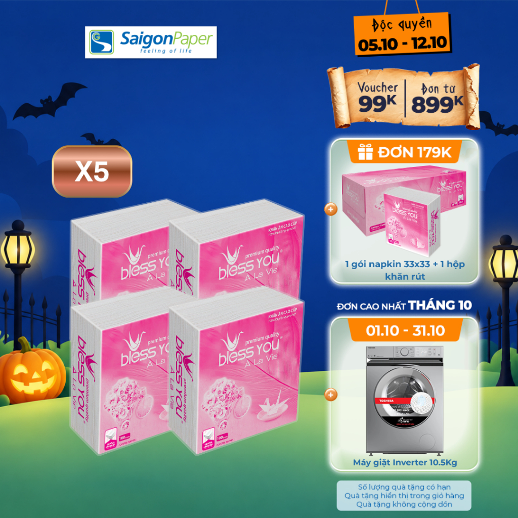 Combo 5 Lốc Khăn Napkin Bless You Alavie 23x23 (4 gói/ lốc)