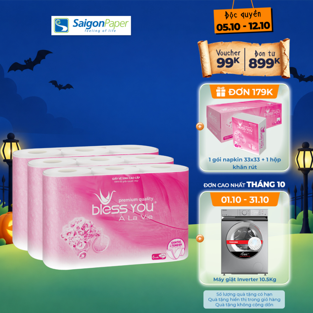 Combo 3 Lốc giấy vệ sinh Bless You Alavie 6 (6 cuộn/ lốc)