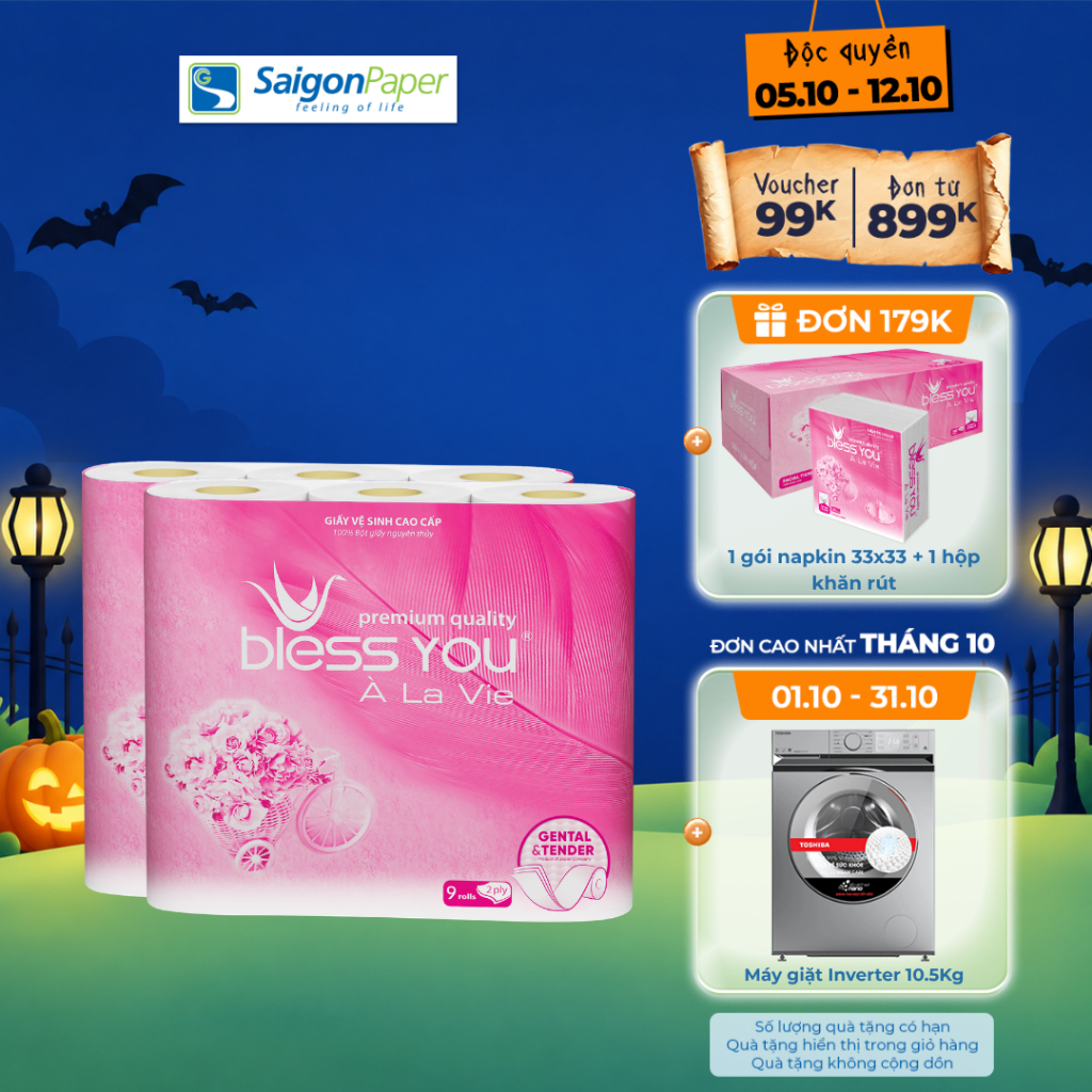 Combo 2 Lốc giấy vệ sinh Bless You Alavie 9 (9 cuộn/ lốc)