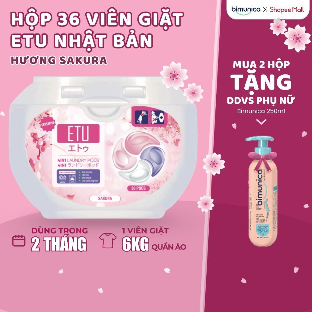 Viên Giặt Quần Áo ETU 4In1 Hương Sakura Hoa Anh Đào - Thơm Sạch Dịu Cho Trẻ Em/Da Nhạy Cảm, Mềm Vải