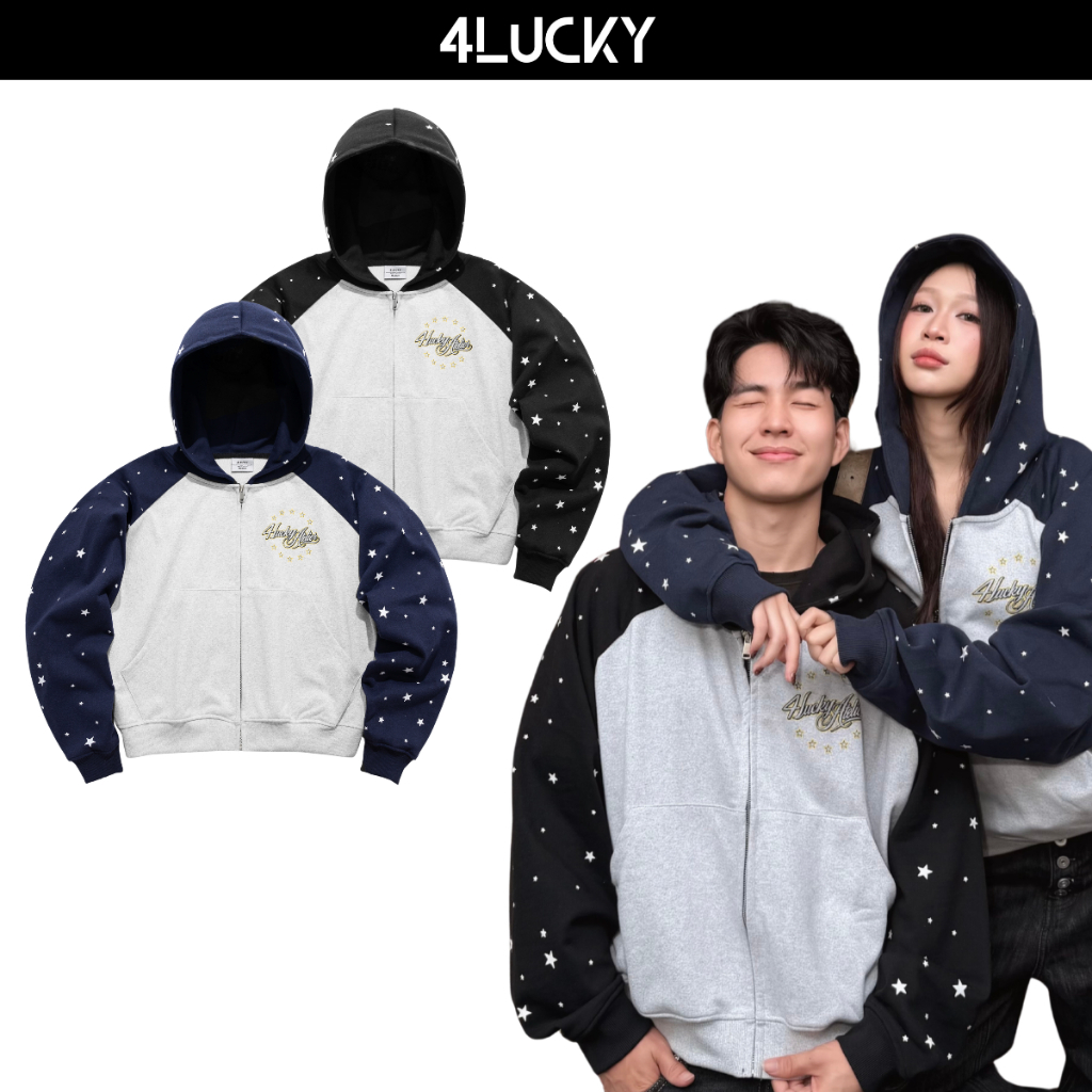 Áo Khoác Hoodie Zip Form Boxy Unisex 4Lucky 6173, Nỉ Chân Cua Tay Áo Raglan Phối Màu In Lụa Ngôi Sao Cá Tính