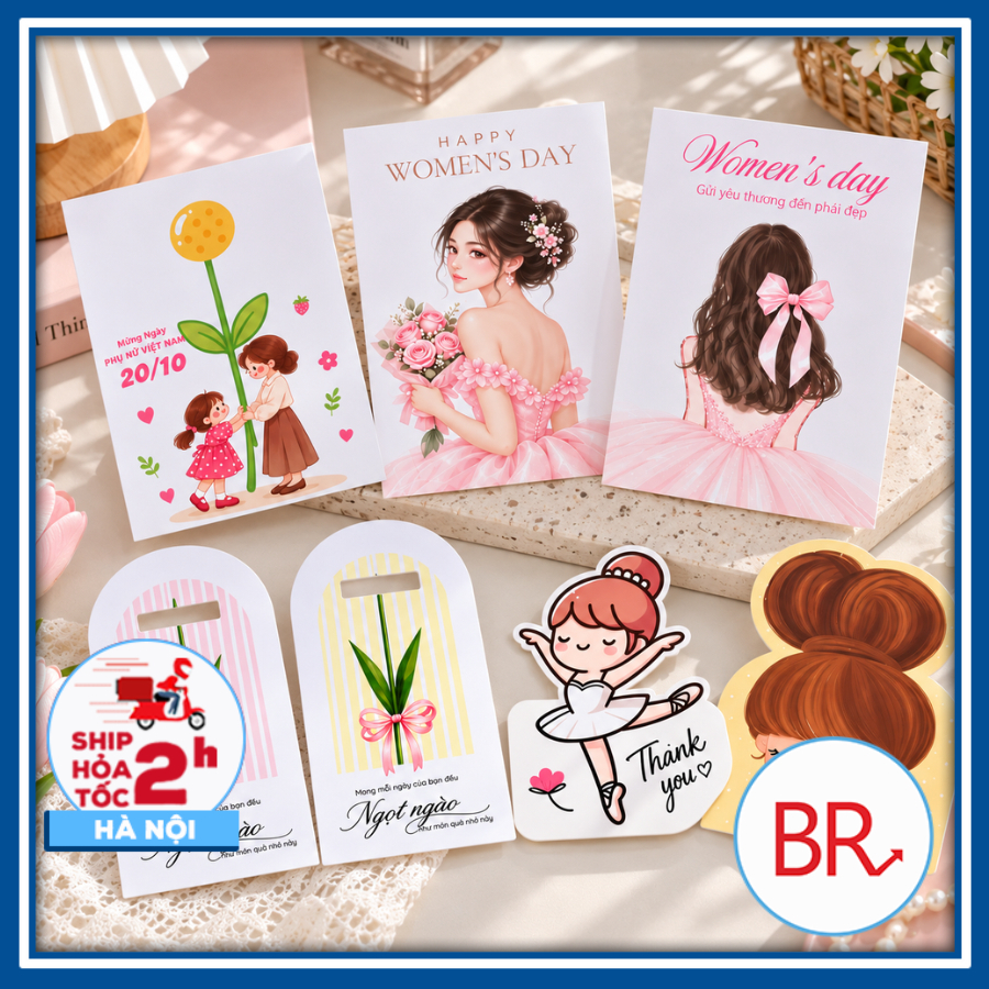 [ Quà Tặng 20/10] Sỉ 20 Thiệp cài chun buộc tóc dễ thương, ý nghĩa, banner cô gái trang trí hộp quà, gắn bó hoa 03027