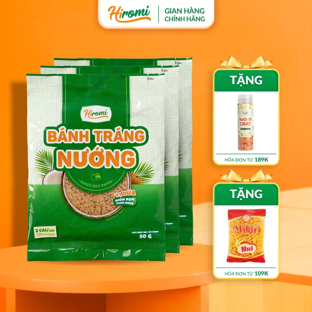 Combo 3 Bánh Tráng Nướng Sẵn Thơm Bùi Vị Dừa Hiromi Túi 2 Bánh 50g - Nhiều Mè Đen, Giòn, Không Dầu