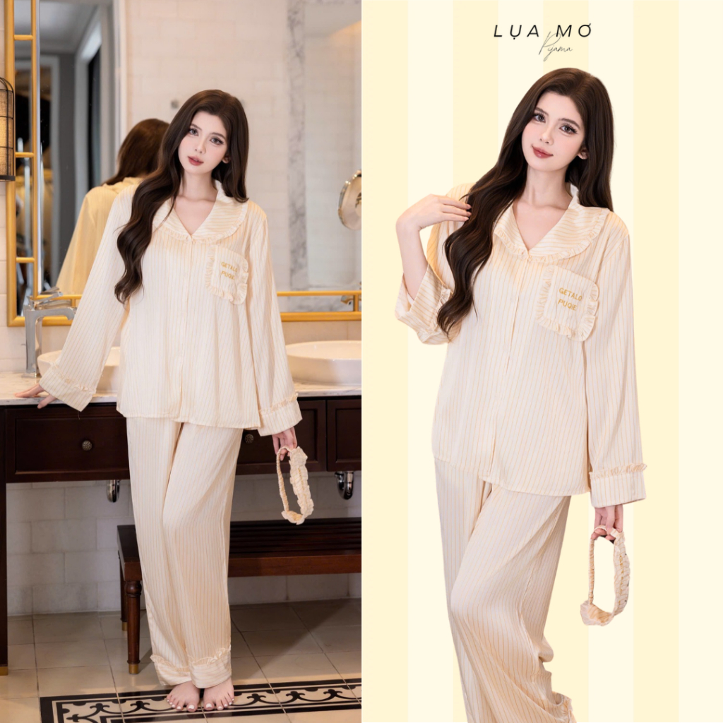 [Đặt trước] Set Pijama Tiểu Thư Họa Tiết Thêu Kèm Bịt Mắt Vải Lụa Latin Cao Cấp - Đồ bộ Lụa Mơ LM165