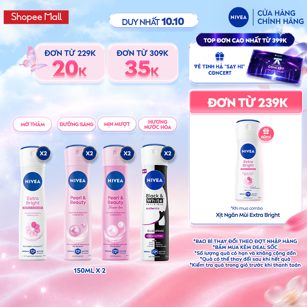 Combo 2 Xịt Khử Mùi NIVEA Dành Cho Nữ 150ml - Dưỡng Sáng/ Mờ Thâm/ Chống Ố Vàng Áo - Ngăn Mùi Đến 72H 82967/83731/91809