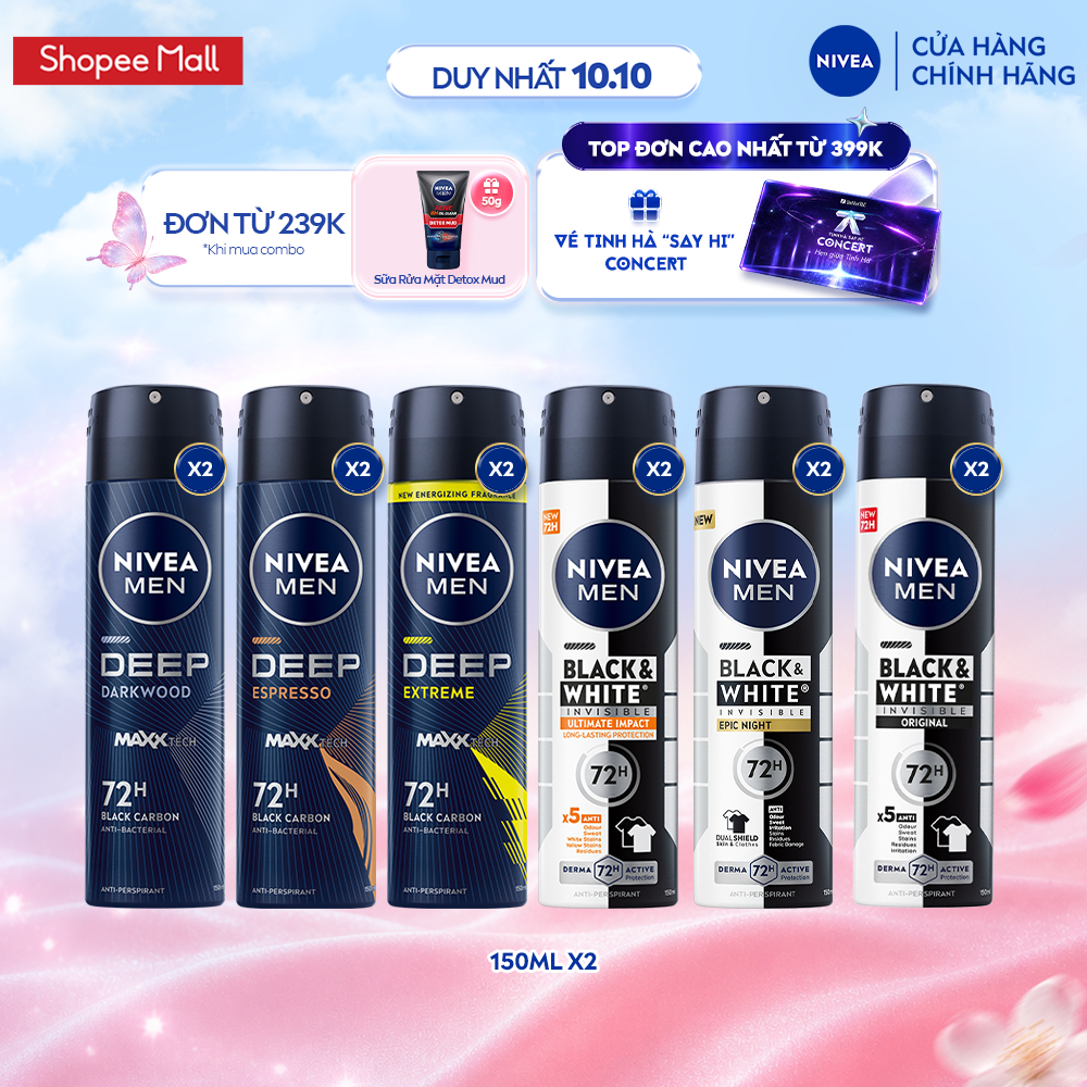 Combo 2 Xịt Khử Mùi Nam NIVEA MEN 150ml Ngăn Mồ Hôi & Mùi Cơ Thể 48H-72H - Deep Darkwood/Extreme/Espresso/Black&White