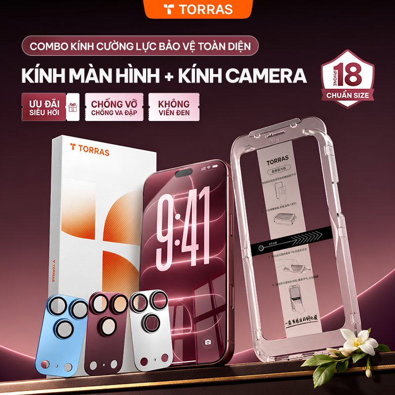 [Combo Bảo Vệ Tiết Kiệm] TORRAS Kính Cường Lực iPhone Trong Suốt + Kính Bảo Vệ Camera, Không Viền Đen, Chống Trầy, 17/18