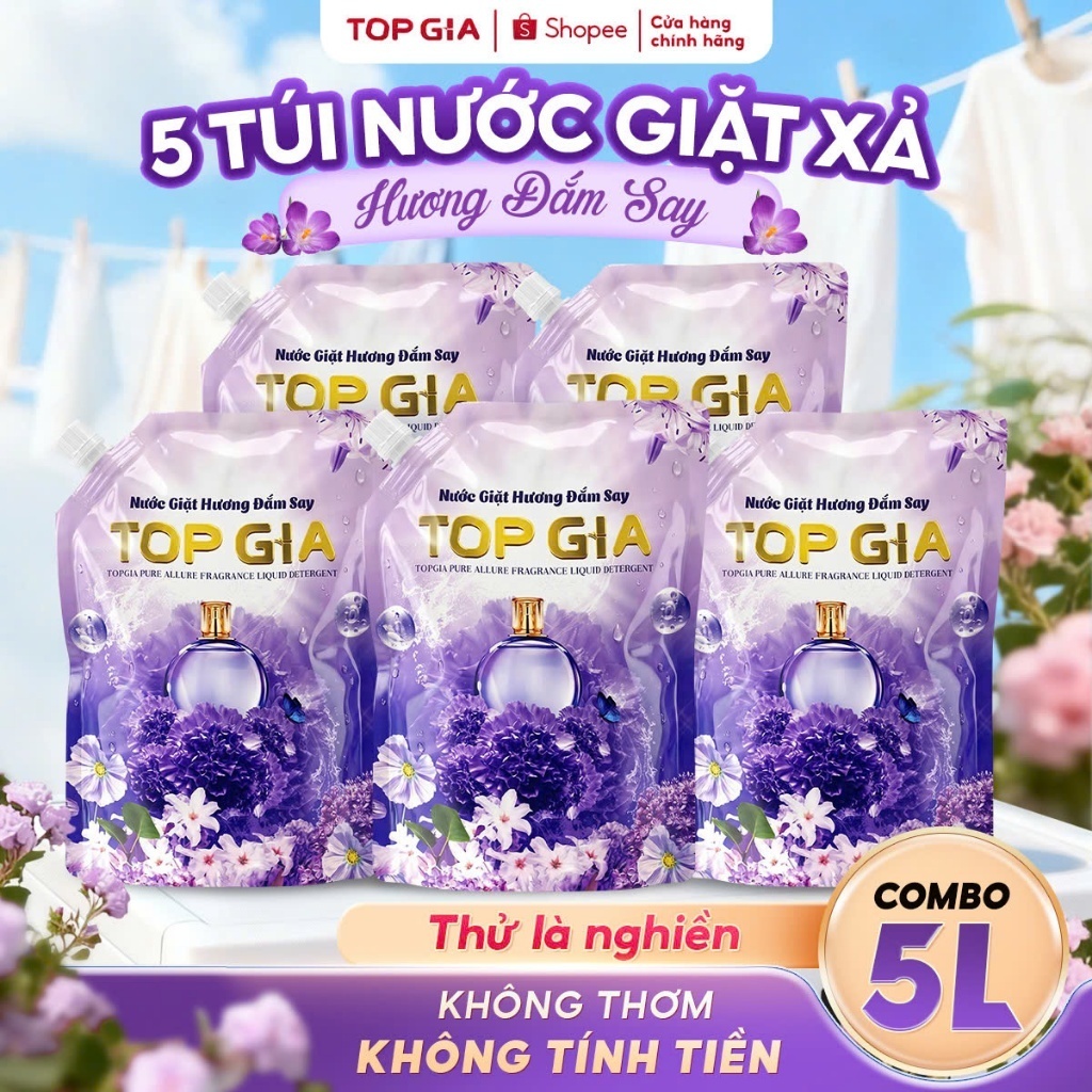 Nước Giặt Xả TOPGIA Hương Đắm Say Túi 1L Dịu Nhẹ, An Toàn Cho Da, Tẩy Sạch Vết Bẩn, Lưu Hương 72H