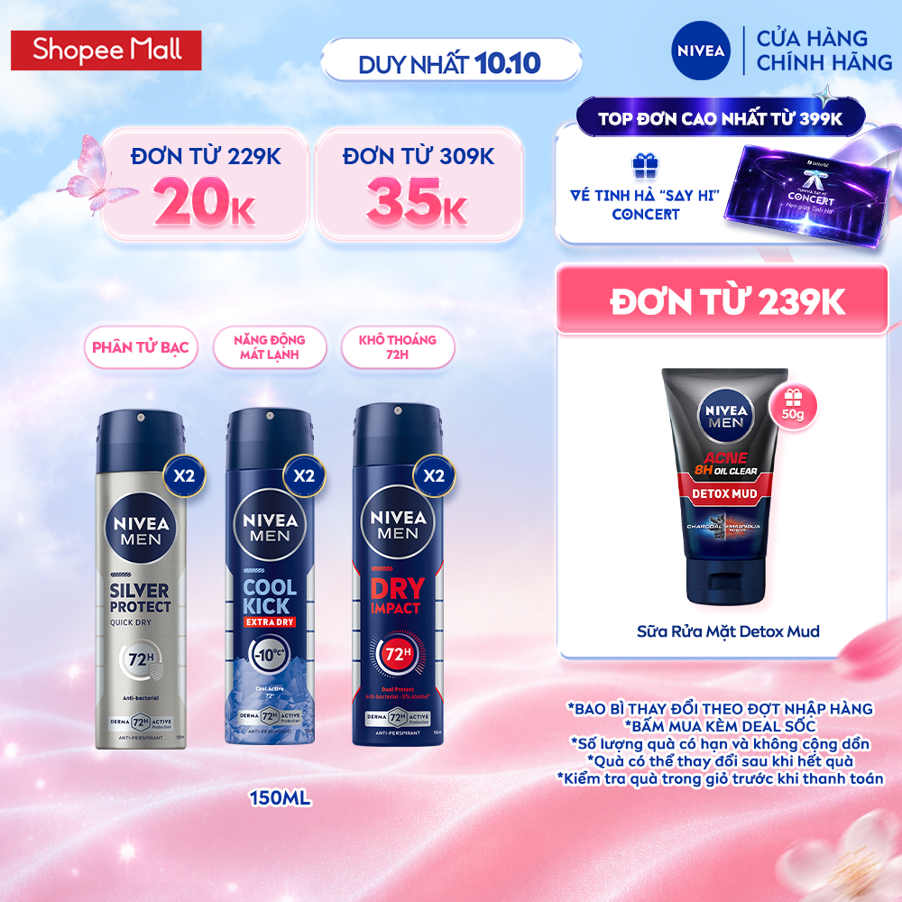 Combo 2 Xịt Khử Mùi Nam NIVEA MEN 150ml Ngăn Mồ Hôi, Khô Thoáng - Silver Protect/Cool Kick/Dry Impact 82959/82883/81602