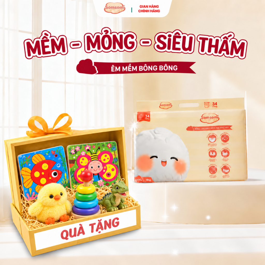 [Mua 1 Bịch Tặng Quà] Tã Bỉm Dán/ Quần SOMSOMI Hữu Cơ Cho Bé - Thấm Hút x5 Lần, Chống Tràn 12h, Mềm Mịn An Toàn Cho Bé