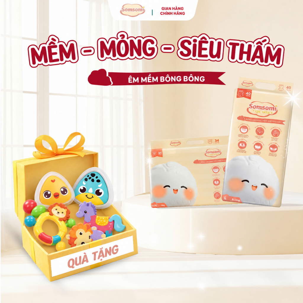 [2 Bịch + Quà] Combo 2 Bịch Tã Bỉm Dán/Quần SOMSOMI Công Nghệ Hàn Quốc, mềm mại, ngăn ngừa hăm bí đủ size