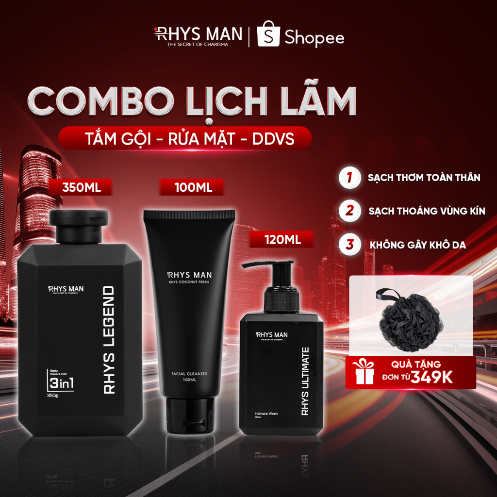 Combo Sữa tắm gội nam 3in1 350ml & Sữa rửa mặt nam 100ml & Dung dịch vệ sinh nam 120ml Rhys Man - Combo Lịch Lãm