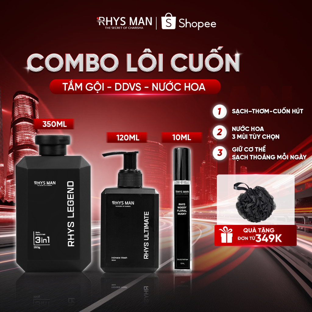 Combo Sữa tắm gội nam 3in1 350ml & Dung dịch vệ sinh nam 120ml & Nước hoa 10ml Rhys Man - Combo Lôi Cuốn