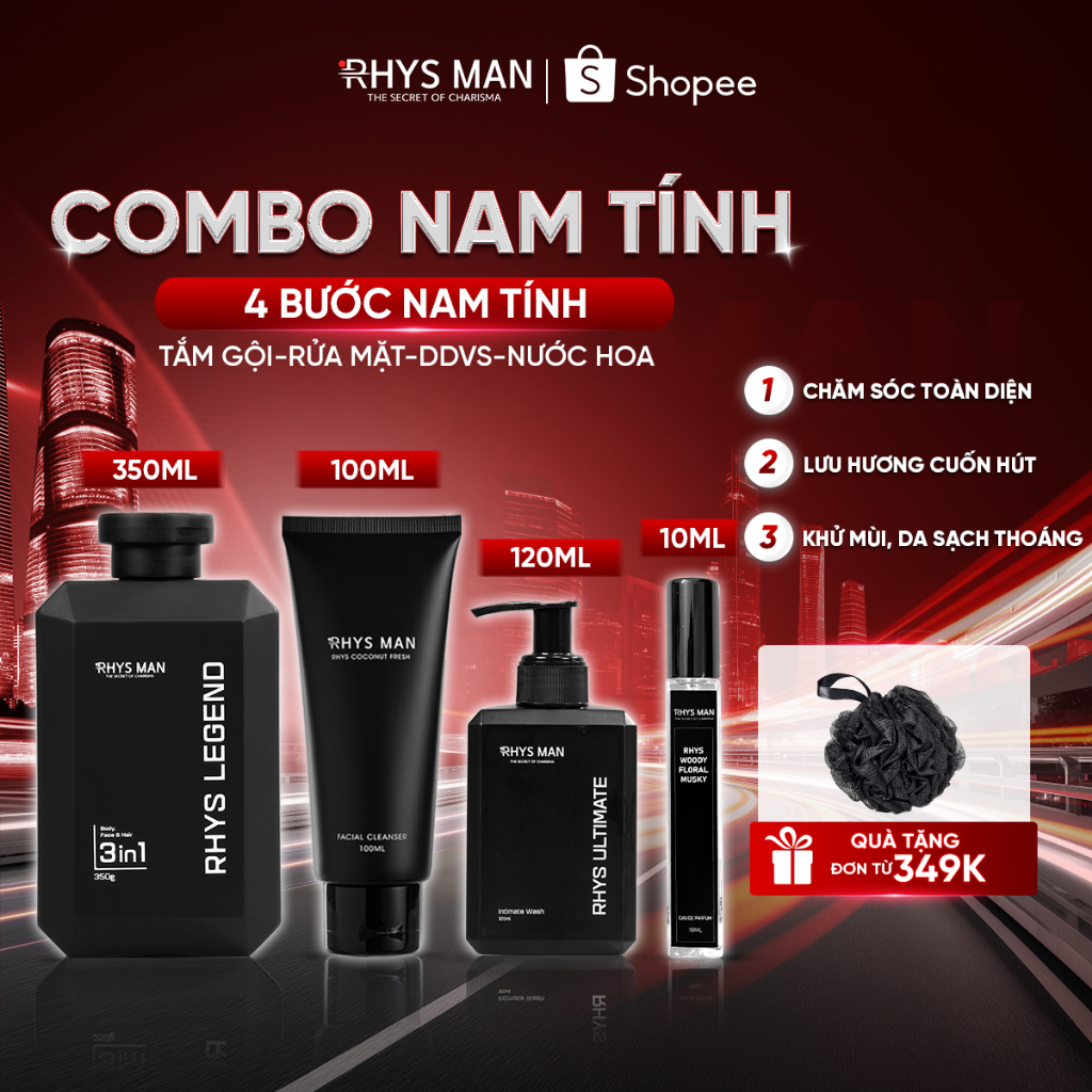 Combo Sữa tắm gội nam 3in1 350ml & Sữa rửa mặt 100ml & Dung dịch vệ sinh 120ml & Nước hoa 10ml Rhys Man - Combo Nam Tính