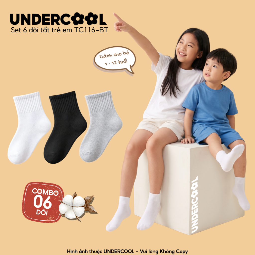 Set 6 Đôi Tất Trẻ Em UNDERCOOL Cho Bé Trai Bé Gái Từ 1 Đến 12 Tuổi Vớ Cổ Ngắn Cotton Thấm Hút Mồ Hôi Chống Tuột TC116-BT