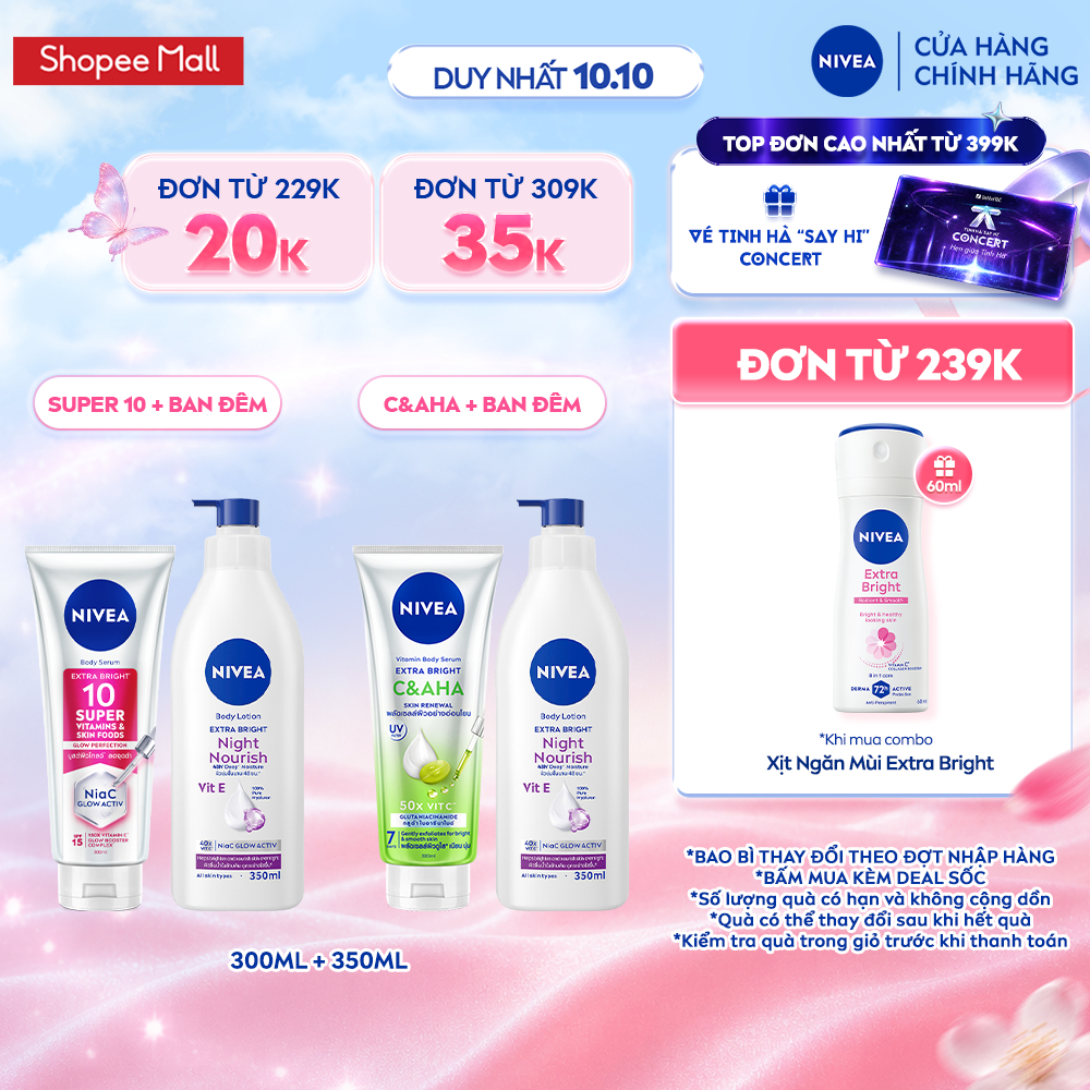 Combo Dưỡng Sáng Da NIVEA Vitamin Serum 300ml & Sữa Dưỡng Thể Extra Bright 350ml - 98412+93824/99197