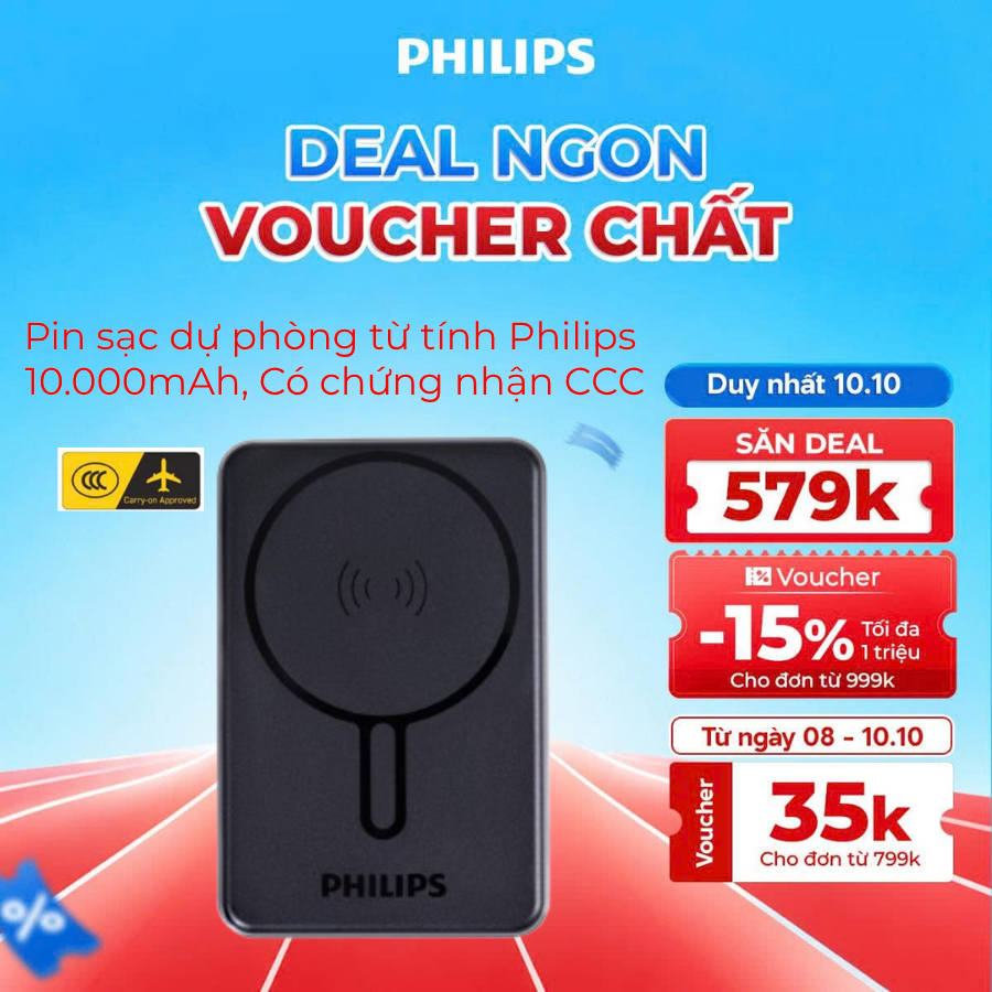 [Chứng Nhận CCC] Pin Sạc Dự Phòng Từ Tính Philips DLP6759 10.000mAh 22.5W, có 3C, mang lên máy bay