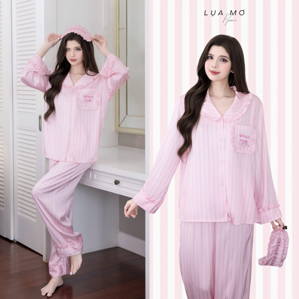 [Đặt trước] Set Pijama Tiểu Thư Họa Tiết Kẻ Sọc Hồng Kèm Bịt Mắt Vải Lụa Latin Cao Cấp - Đồ bộ Lụa Mơ LM115
