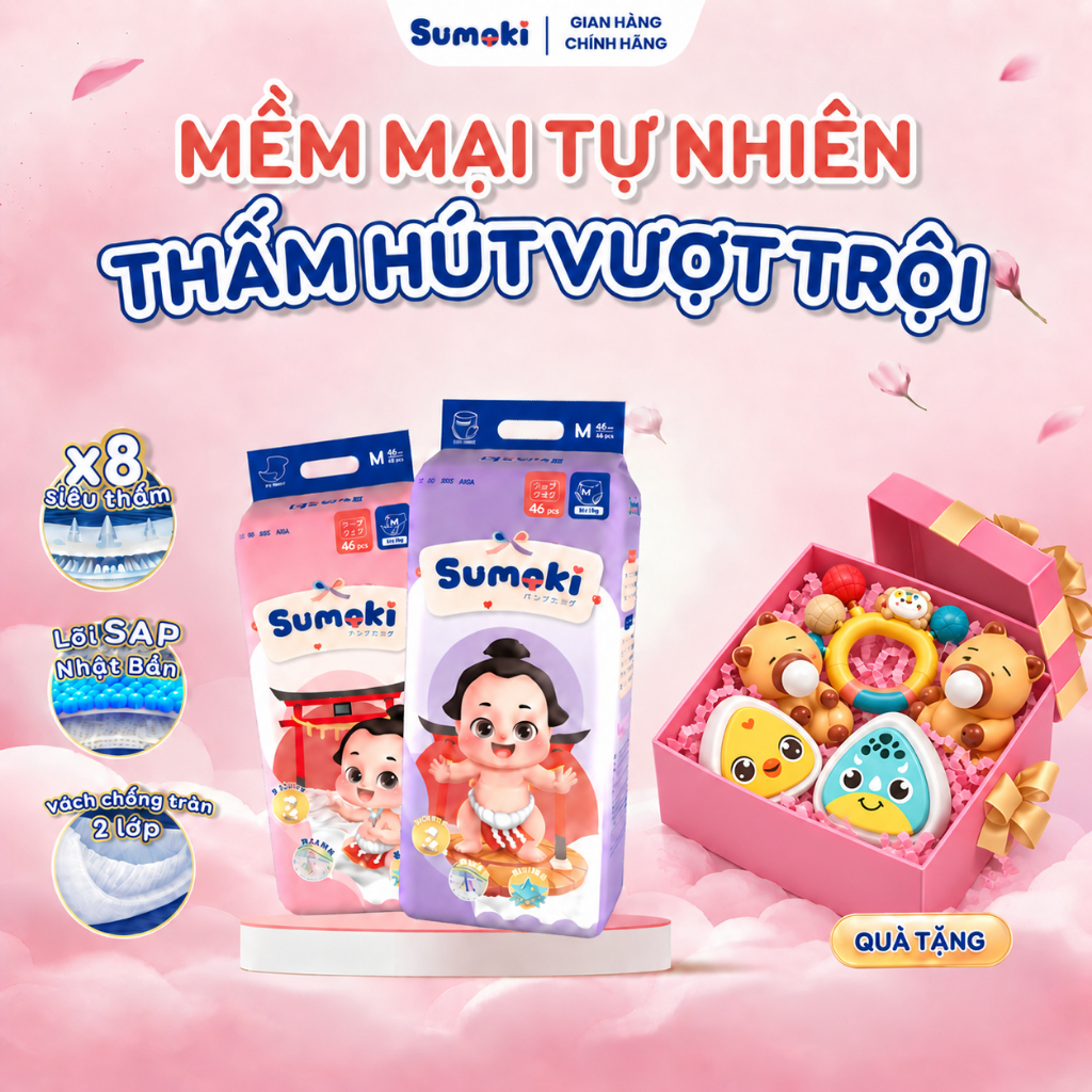 [MUA 2 TẶNG 1 QUÀ] COMBO 2 BỊCH Tã Bỉm Dán/Quần SUMOKI Nhật Bản Mềm Mại, Mỏng Nhẹ, Đủ Size