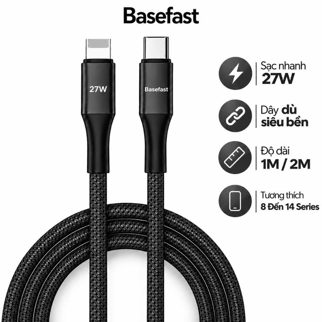 Cáp sạc nhanh 20W Basefast dây bọc dù dài 1m 2m siêu bền cho Phone xsm xs 12 13 14 11 pro max