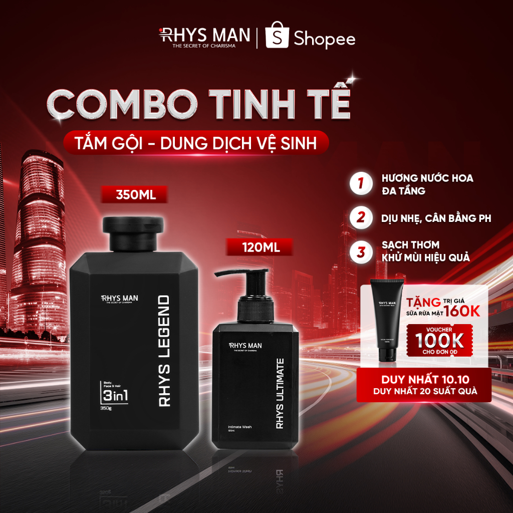 Combo Sữa tắm gội nam 3in1 350ml & Dung dịch vệ sinh nam 120ml Rhys Man - Combo Tinh Tế