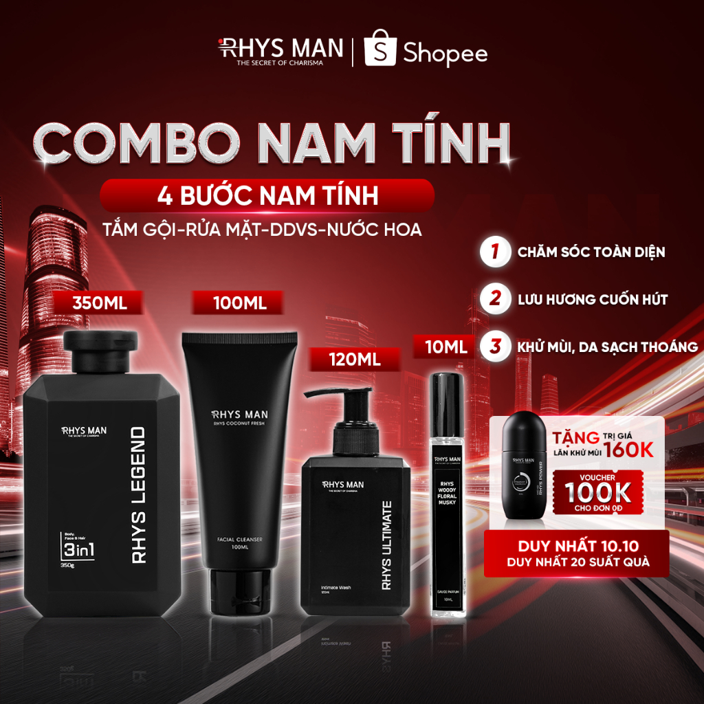 Combo Sữa tắm gội nam 3in1 350ml & Sữa rửa mặt 100ml & Dung dịch vệ sinh 120ml & Nước hoa 10ml Rhys Man - Combo Nam Tính