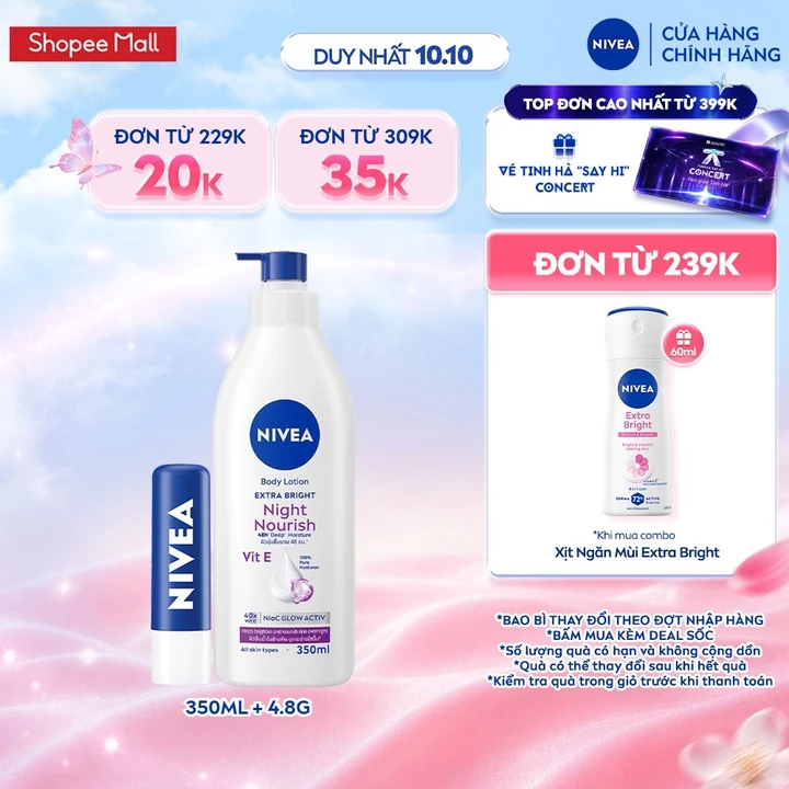 Bộ 2 Son Dưỡng Ẩm Môi NIVEA Original Care 4.8g và Sữa Dưỡng Thể NIVEA Sáng Da Ban Đêm 350ml - 85061+98412