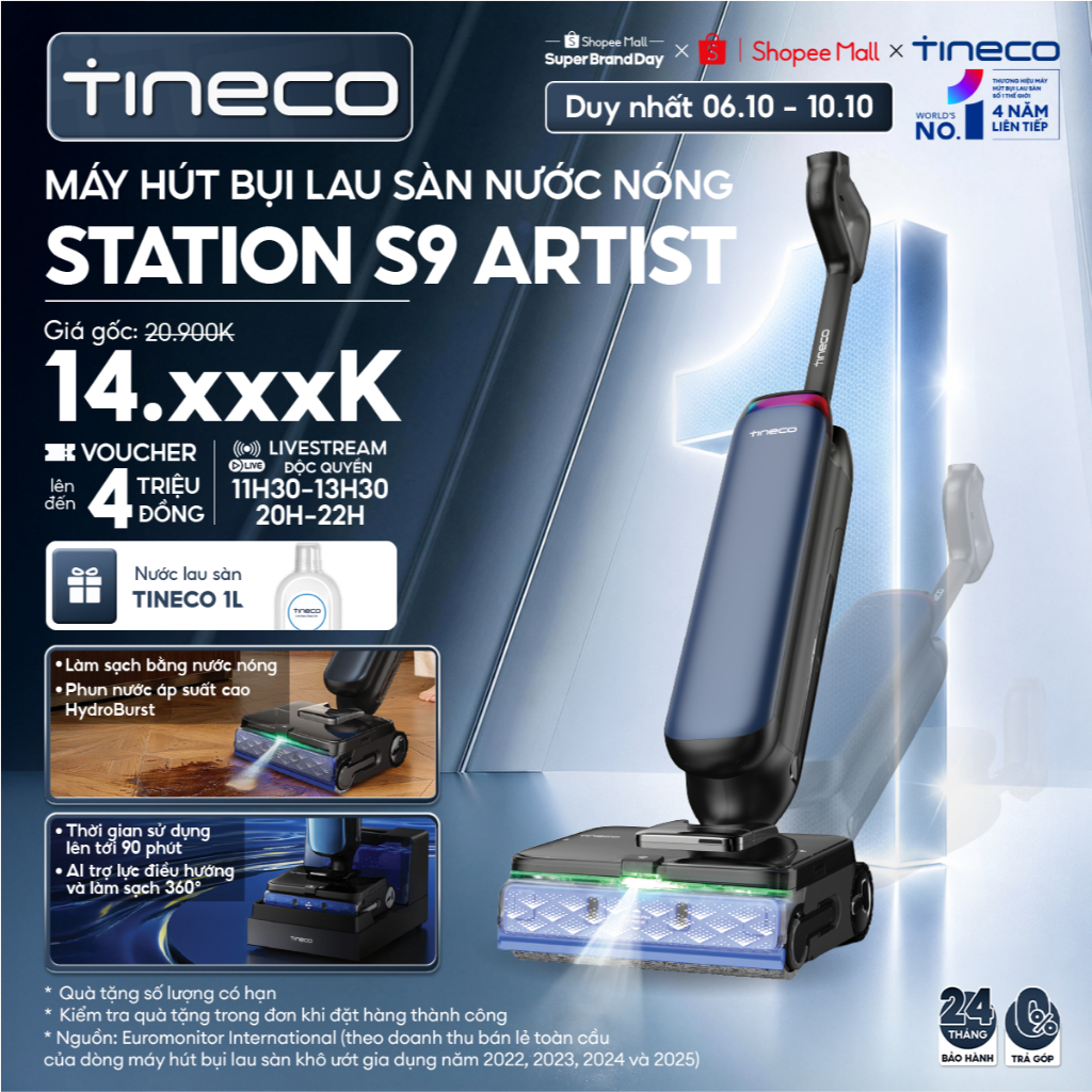 Tineco Floor One Station S9 Artist Máy hút bụi lau sàn nước nóng - Phun nước áp suất cao HydroBurst - Tối đa 90 phút
