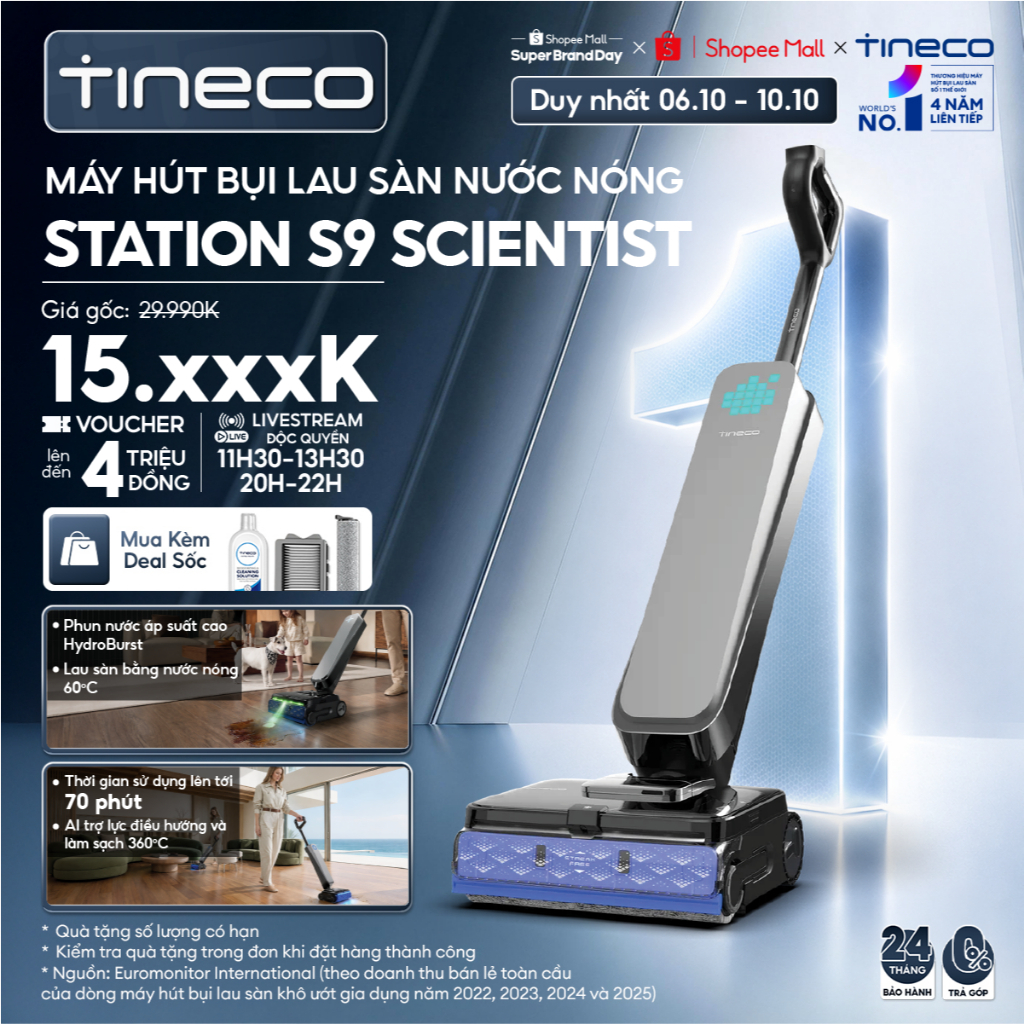 Tineco Floor One Station S9 Scientist Máy hút bụi lau sàn nước nóng - Lực hút 25.000Pa - Thời gian hoạt động lên tới 70p