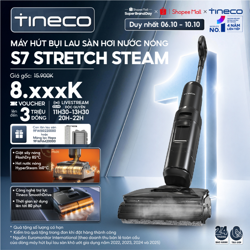 [KOLs Live] Tineco Floor One S7 STRETCH STEAM Máy hút bụi lau sàn hơi nước nóng HyperSteam 160°C - Lực hút 22000Pa