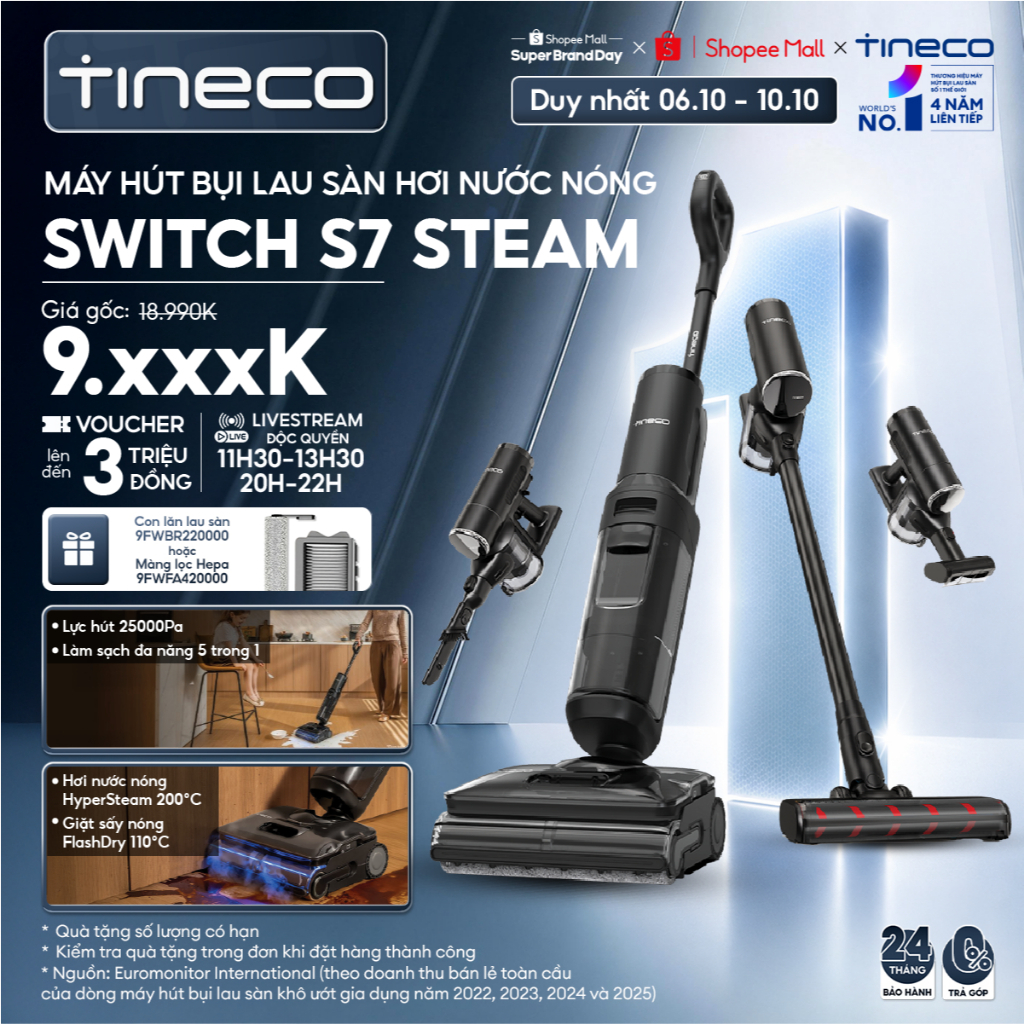 Tineco Floor One Switch S7 Steam (S7 Steam Combo) Máy hút bụi lau sàn hơi nước nóng - 25.000Pa - HyperSteam 200°C