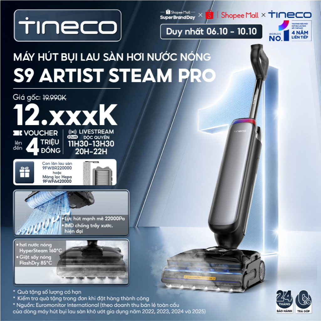 Tineco Floor One S9 Artist Steam Pro Máy hút bụi lau sàn hơi nước nóng HyperSteam 160°C - 22000pa - Giặt sấy nóng 85°C
