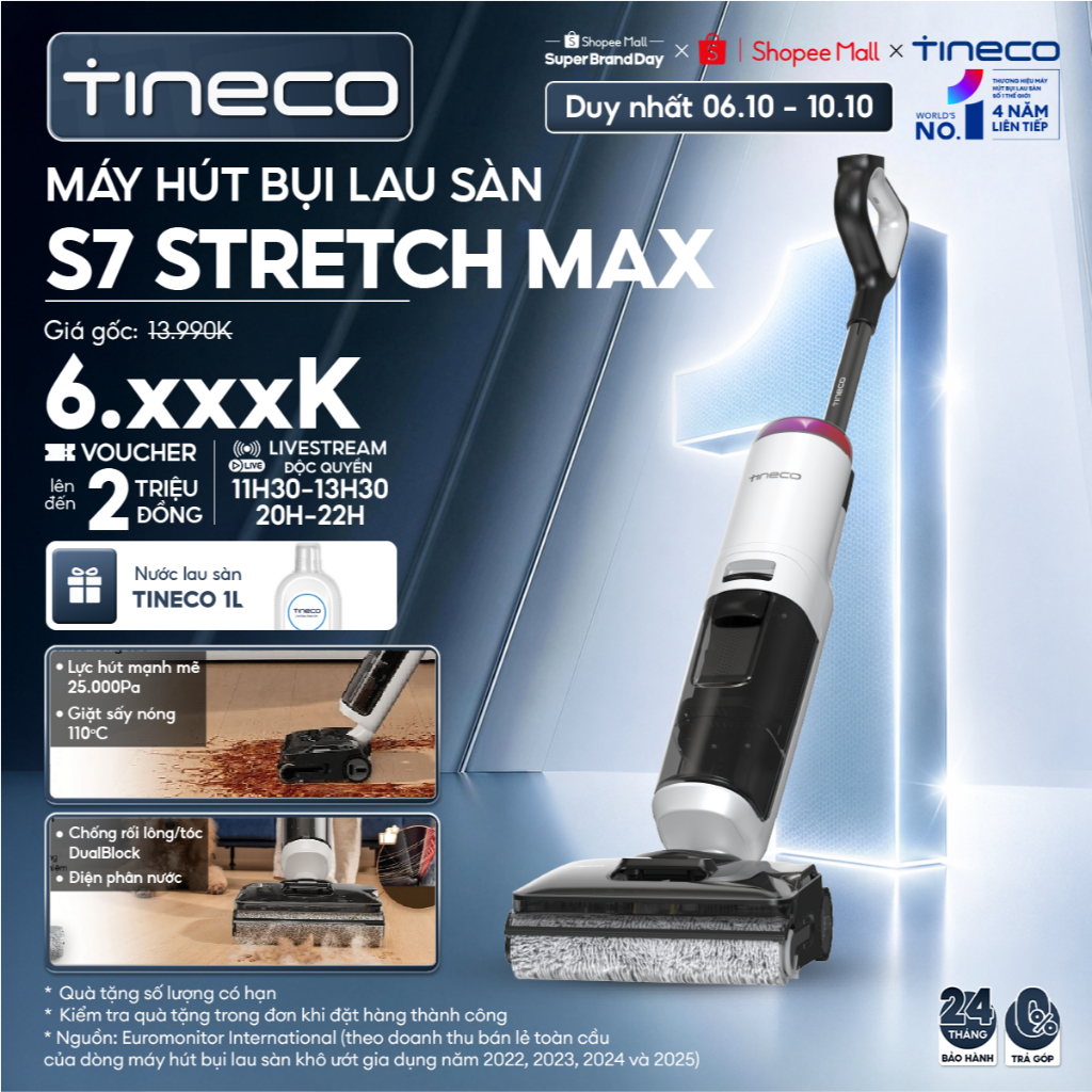 Tineco Floor One S7 Stretch Max / S7 Max Pro Máy hút bụi lau sàn khô ướt  - Lực hút 25000Pa - Giặt sấy nóng 110°C