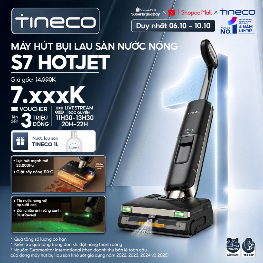 Tineco Floor One S7 HotJet / S7 Max Pro - Máy hút bụi lau sàn tia nước áp suất cao - Lực hút 25000pa - Chống rối tóc