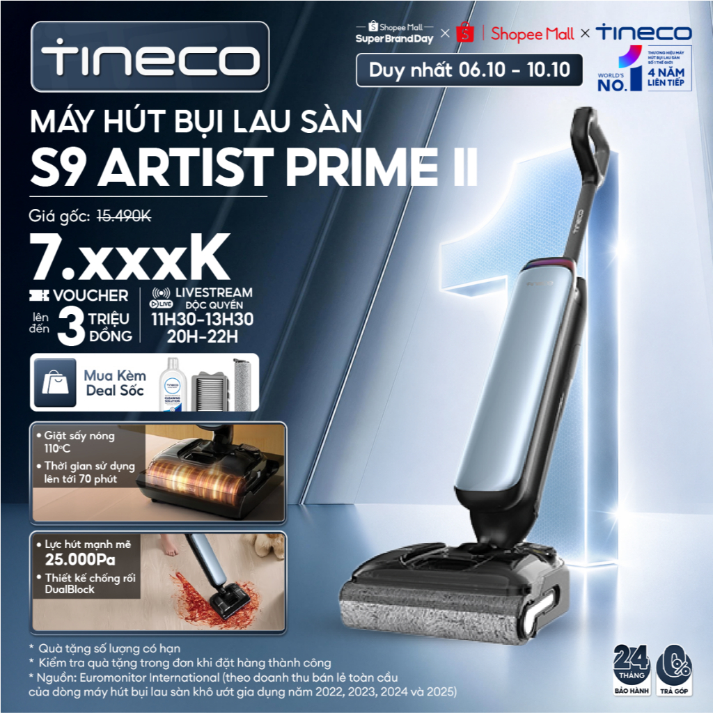 Tineco Floor One S9 Artist Prime II Máy hút bụi lau sàn khô ướt - Lực hút 25000Pa - Thời gian sử dụng lên tới 110 phút