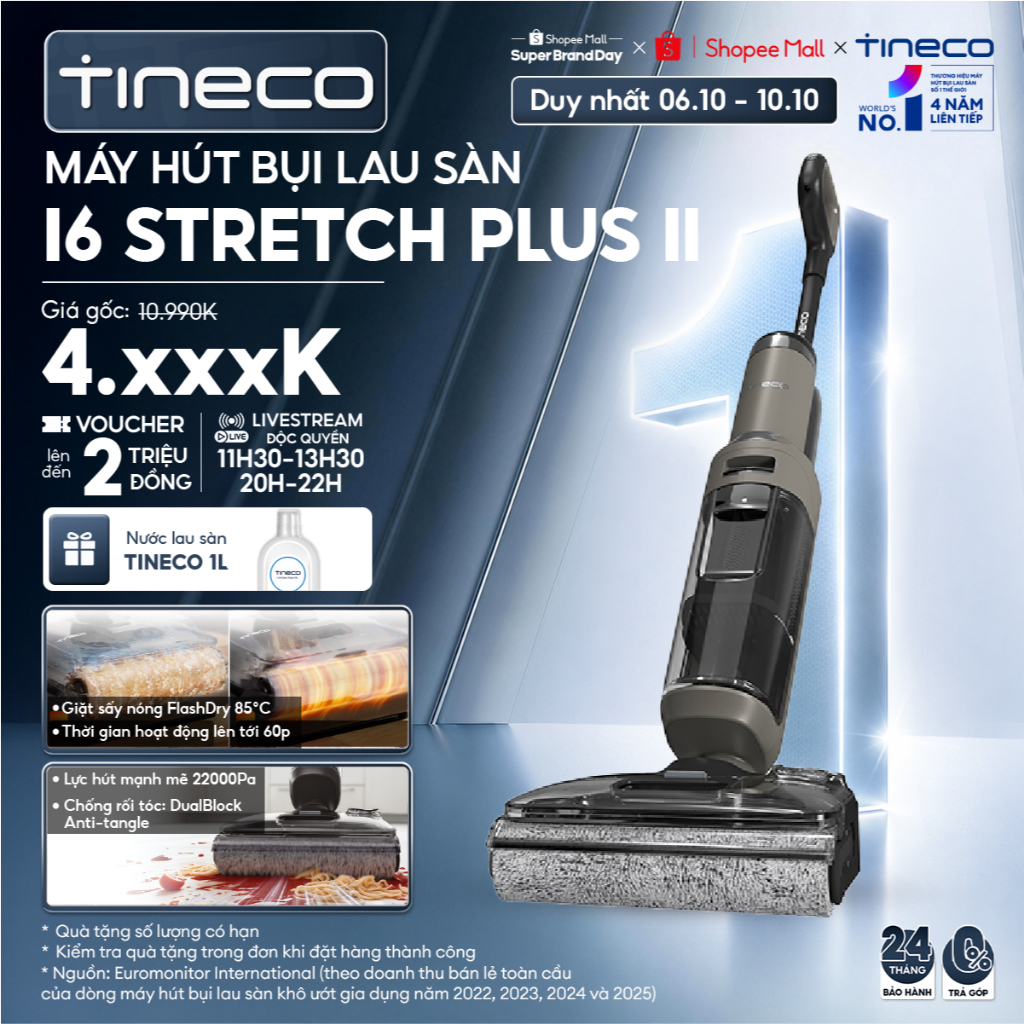 Tineco Floor One i6 Stretch Plus II / I6 Stretch Plus Máy hút bụi lau sàn khô ướt - Lực hút 22000Pa - Giặt sấy nóng 85°C