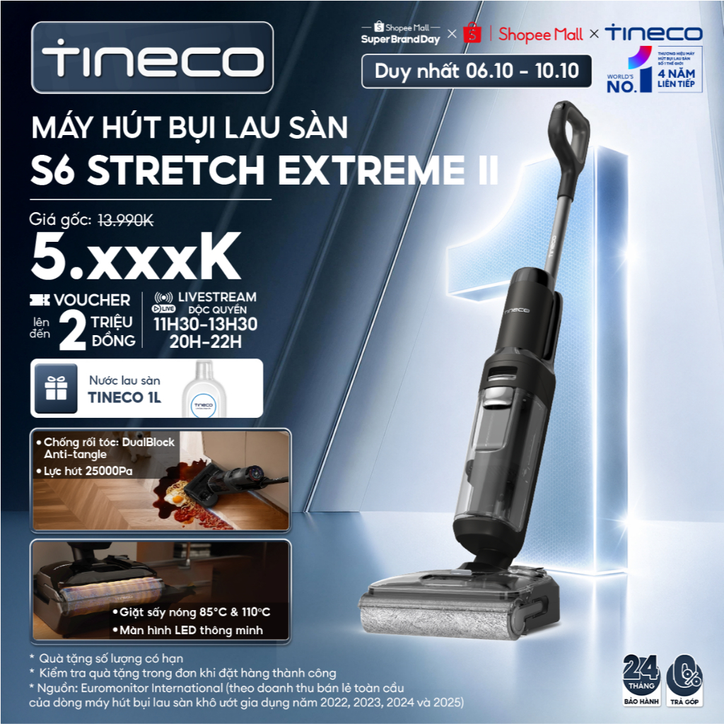 Tineco Floor One S6 Stretch Extreme II | S6 Stretch Extreme Máy hút bụi lau sàn khô ướt - Lực hút 25000Pa - BH 24 Tháng