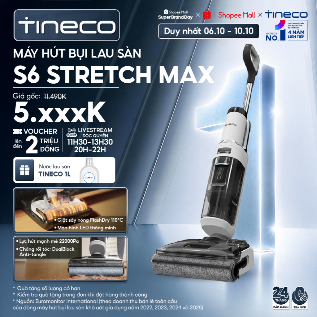 Tineco Floor One S6 Stretch Max Máy hút bụi lau sàn khô ướt - Lực hút 22000pa - Chống rối tóc - Giặt sấy nóng 85°C