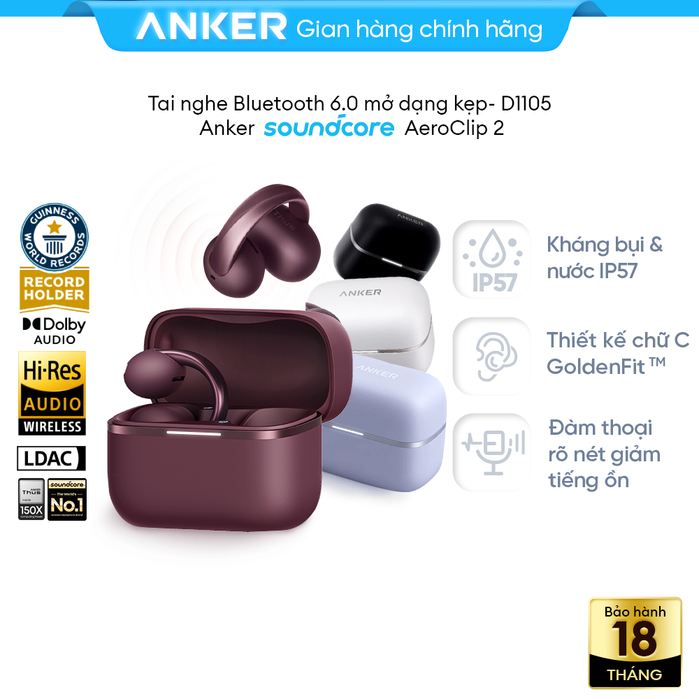 [NEW] Tai nghe Bluetooth dạng kẹp Anker Soundcore AeroClip 2 Open-Ear, đàm thoại rõ giảm ồn| Hi-Res LDAC | Pin 32H- D110